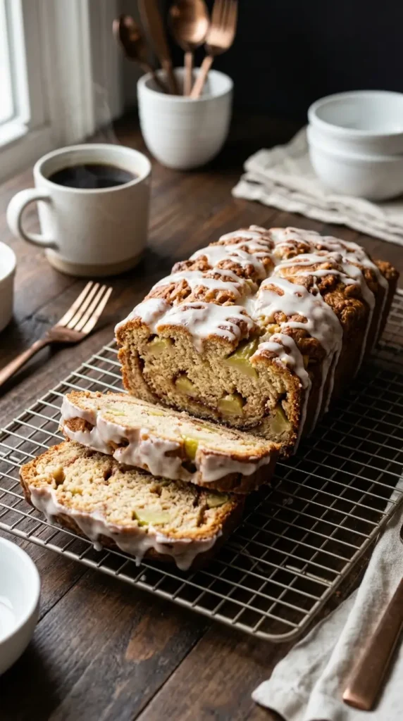 Freshly baked Apple Fritter Bread Recipe with dripping vanilla glaze, revealing cinnamon swirls and apple chunks.