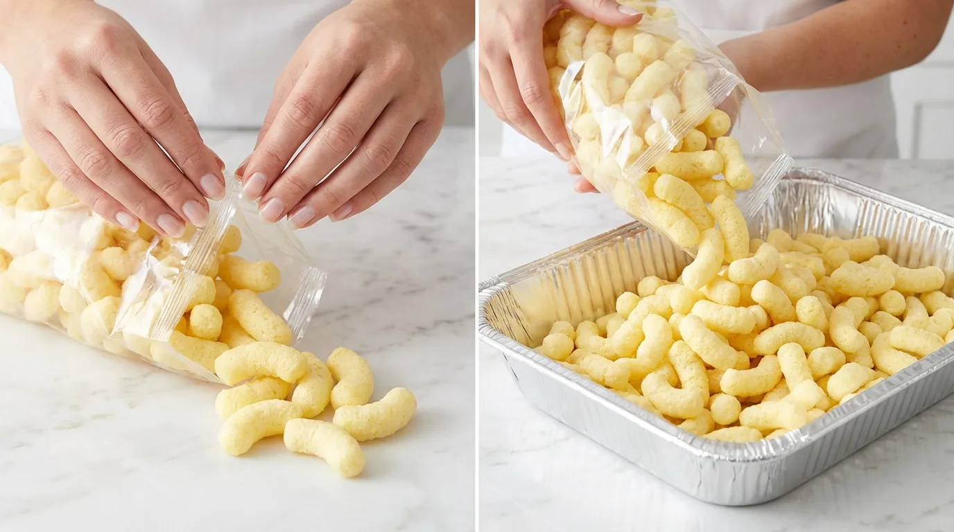 Step-by-step Caramel Puff Corn Recipe: hands opening a bag of corn puffs and pouring them into a roasting pan.