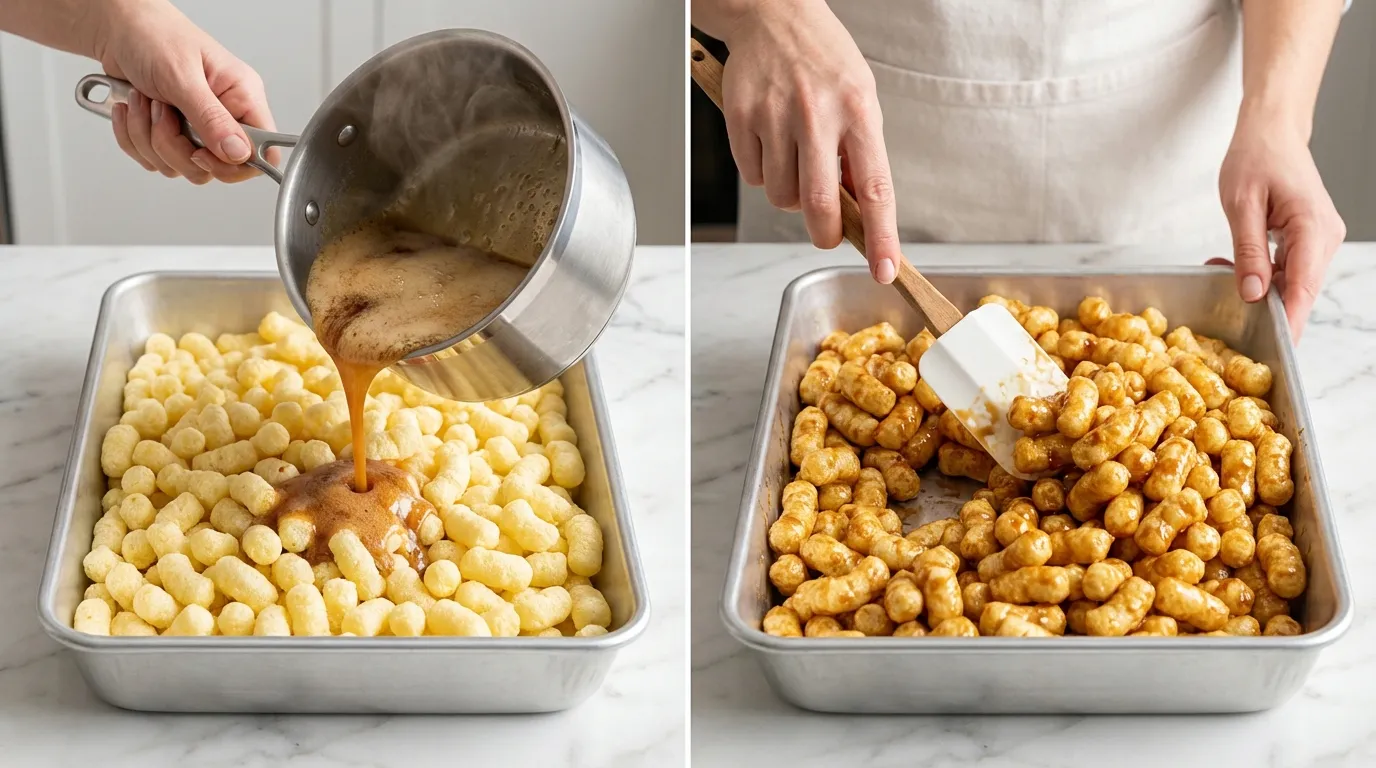 Caramel Puff Corn Recipe: hands pouring hot caramel sauce over corn puffs and mixing them in a roasting pan.