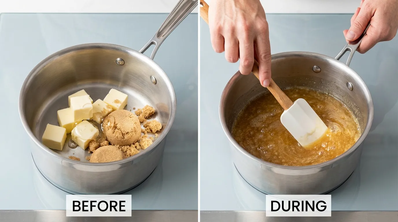 Caramel Puff Corn Recipe steps: adding butter, brown sugar, and syrup to a saucepan, then stirring as they melt.