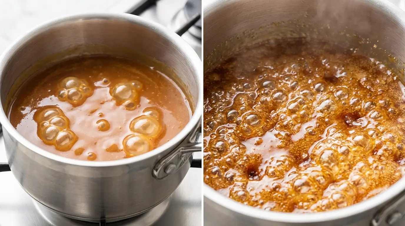 Close-up of glossy, golden-brown caramel sauce boiling vigorously in a saucepan for an easy Caramel Puff Corn Recipe.
