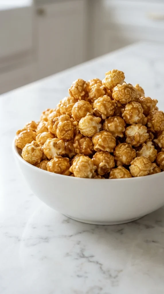 Close-up of glossy, golden caramel puff corn piled in a white bowl for a homemade Caramel Puff Corn Recipe.