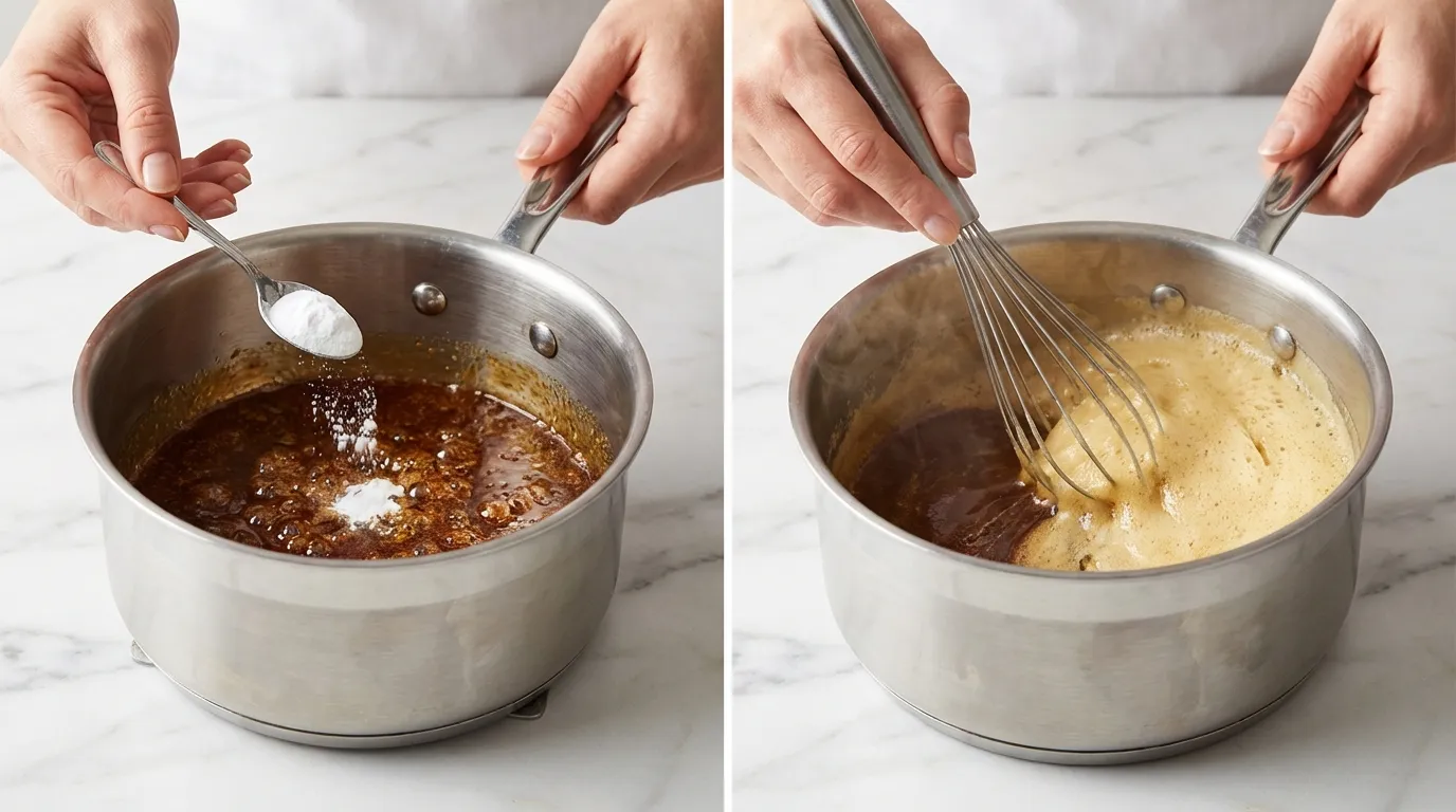 Caramel Puff Corn Recipe: Adding baking soda to hot caramel in a saucepan and whisking until it foams.