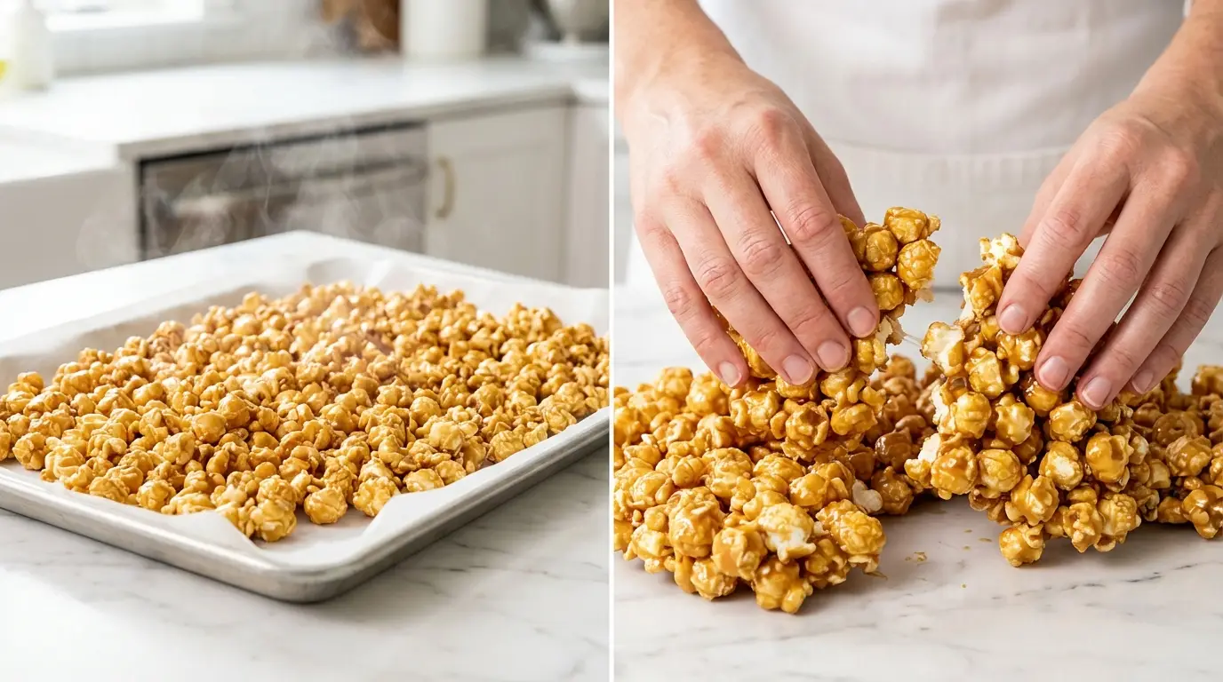 Caramel Puff Corn Recipe steps: golden baked puff corn cooling, and hands breaking crispy clusters apart.