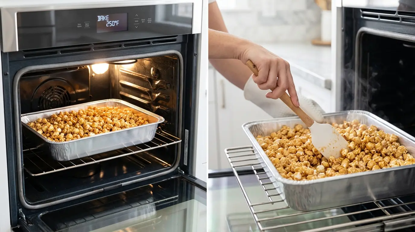 Caramel Puff Corn Recipe: Baking coated puff corn in the oven and stirring it with a silicone spatula.