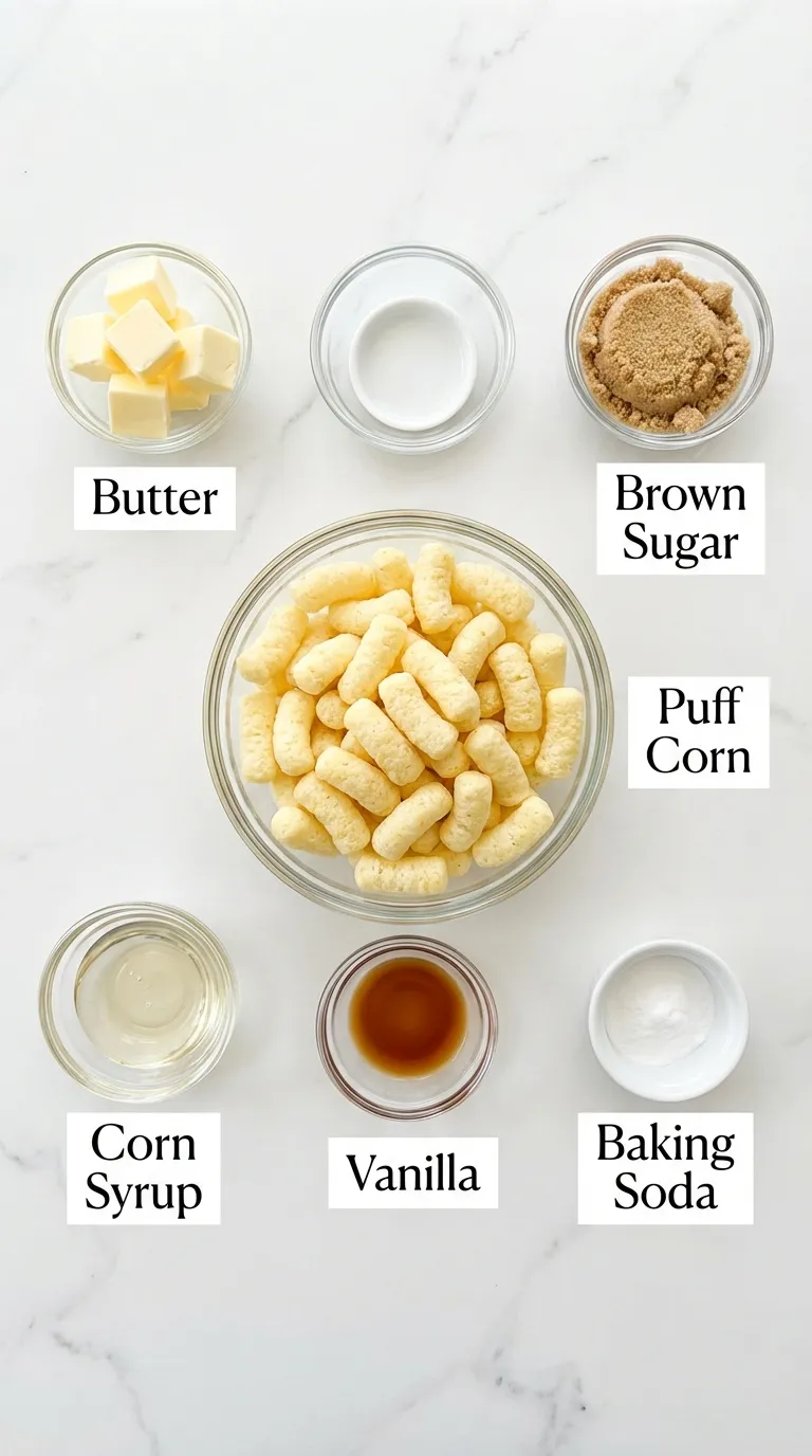 Ingredients for Caramel Puff Corn Recipe including puff corn, butter, and brown sugar in bowls on a white marble counter.