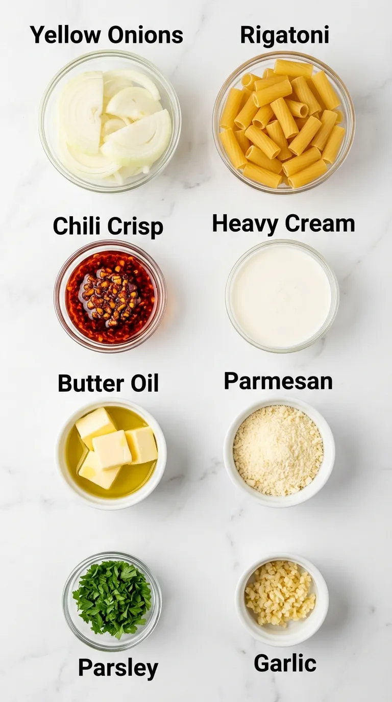 Top-down view of ingredients for Caramelized Onion Pasta With Chilli Oil in small bowls on a white marble counter.