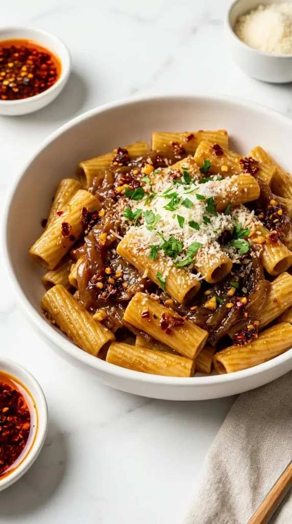 Creamy Caramelized Onion Pasta With Chilli Oil over rigatoni, topped with parmesan in a white bowl.