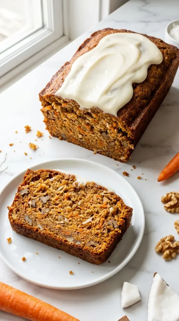 Fresh Carrot Cake Banana Bread Recipe with cream cheese glaze. A sliced loaf on a white plate over a marble countertop.