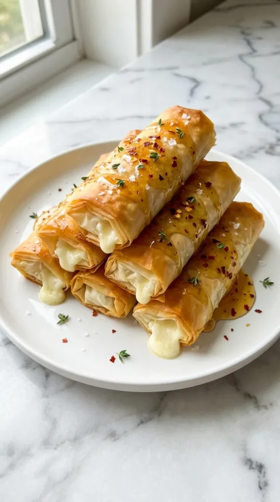 Crispy Chili Honey Feta Rolls Recipe on a white plate, drizzled with hot honey, red pepper flakes, and fresh thyme.