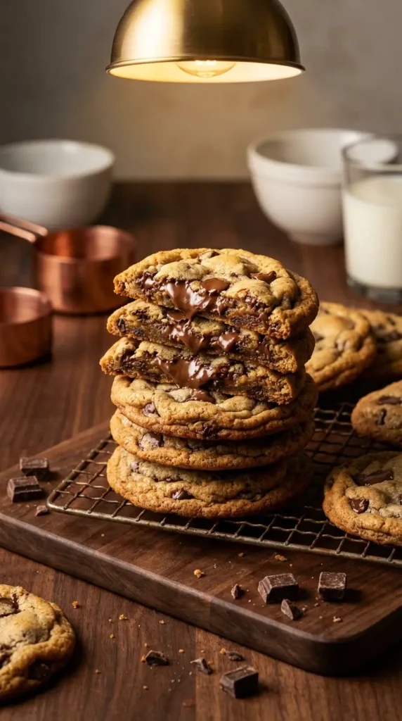Thick, gooey cookies on a wire rack for a chocolate chip cookie recipe without baking soda, with melted chocolate.