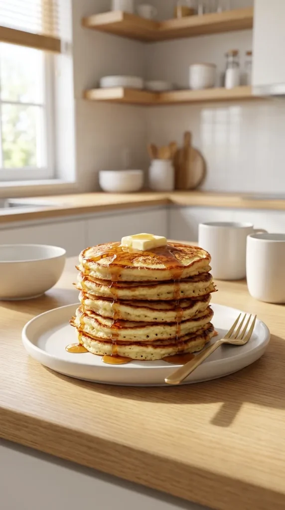 Fluffy stack of pancakes with melting butter and maple syrup, showcasing a delicious Cottage Cheese Pancakes Recipe.