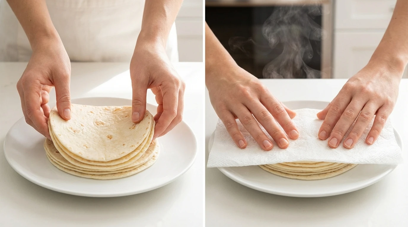 Hands prep flour tortillas for Cream Cheese Chicken Taquitos by stacking them on a plate and covering with a damp towel.