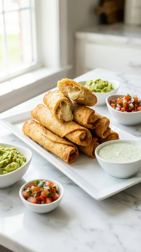 Crispy Cream Cheese Chicken Taquitos on a platter showing the cheesy filling, served with guacamole and pico de gallo.