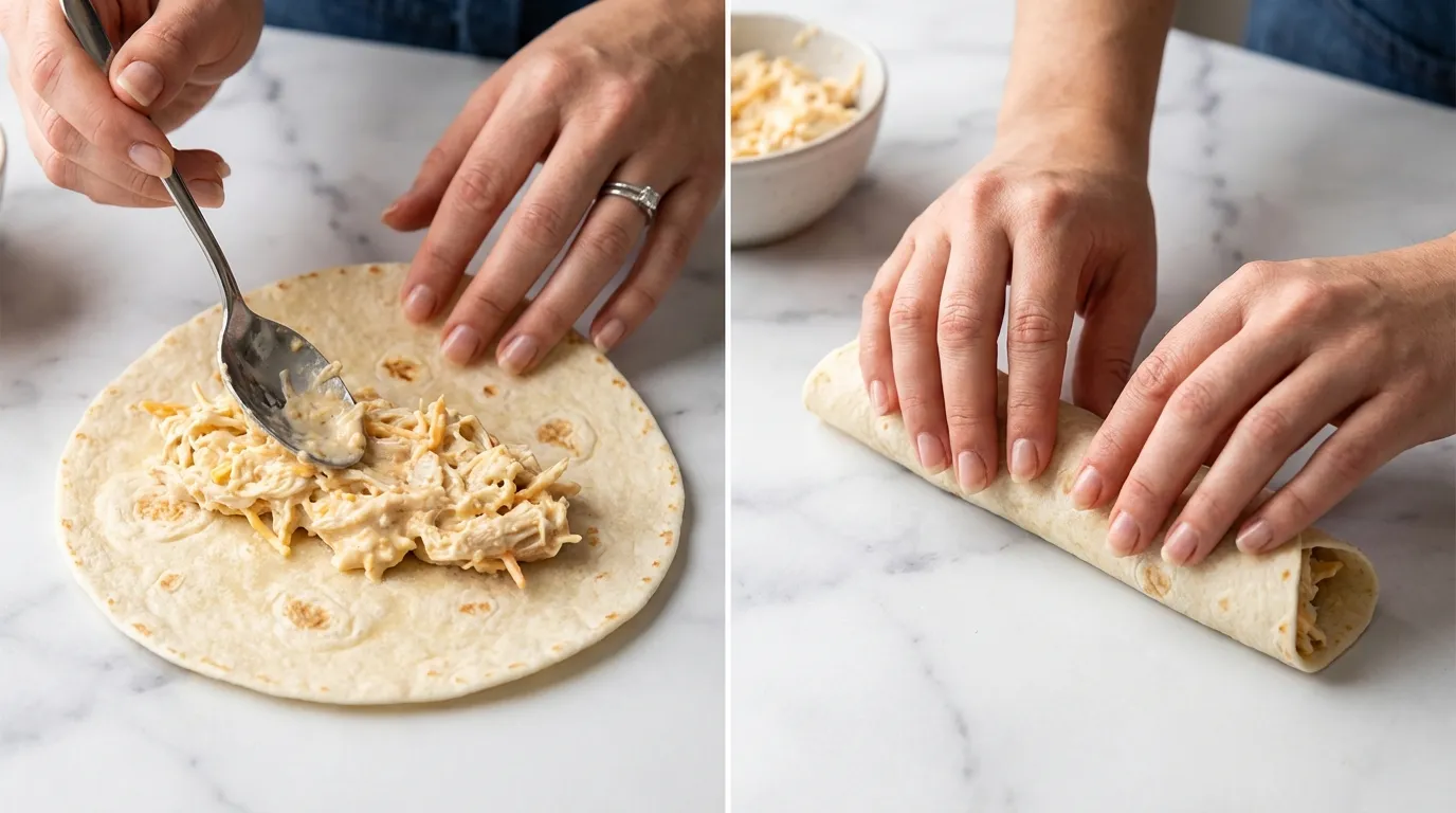 Hands filling and tightly rolling Cream Cheese Chicken Taquitos in flour tortillas on a white marble countertop.