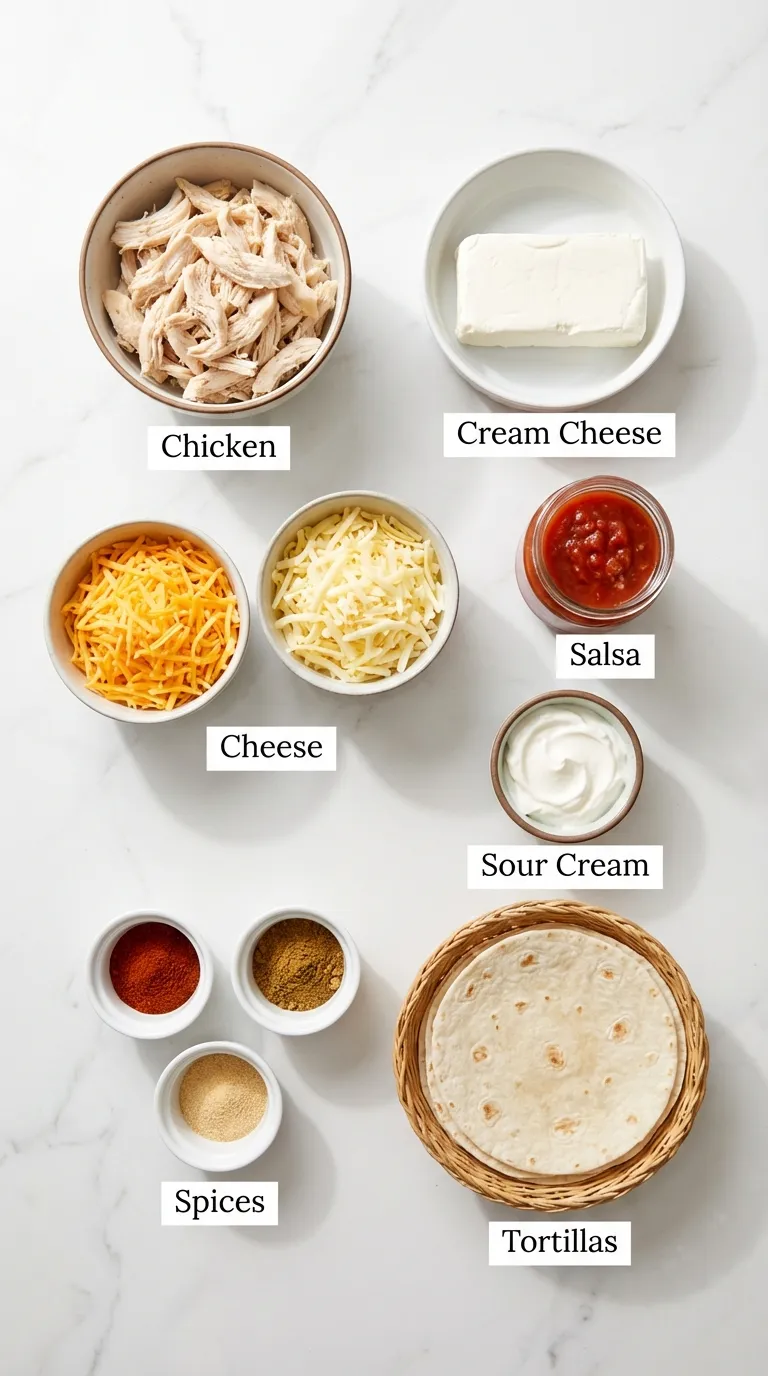Labeled flat-lay ingredients for Cream Cheese Chicken Taquitos arranged on a white marble countertop.