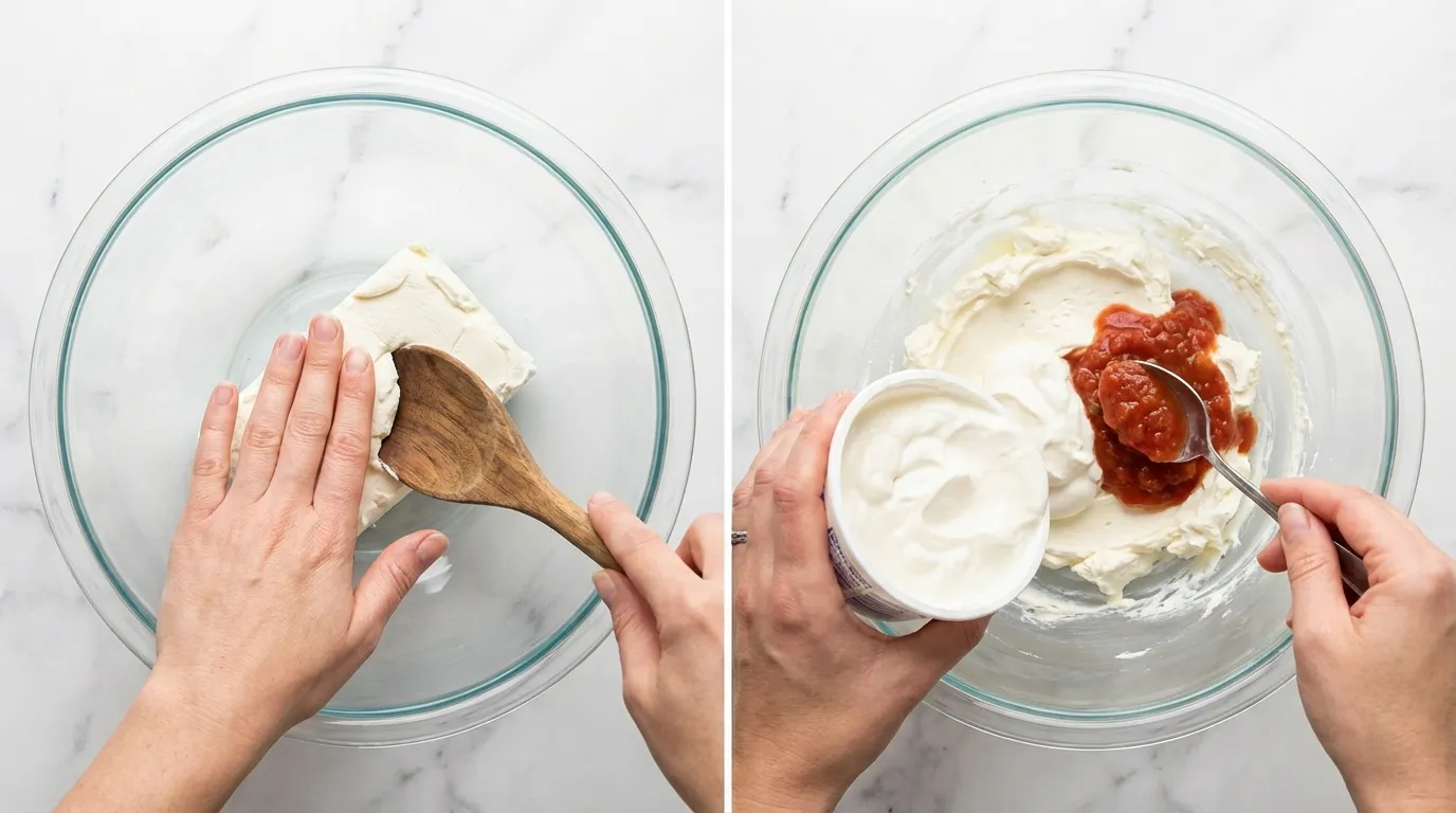 Hands mixing cream cheese, sour cream, and salsa to prepare filling for Cream Cheese Chicken Taquitos.