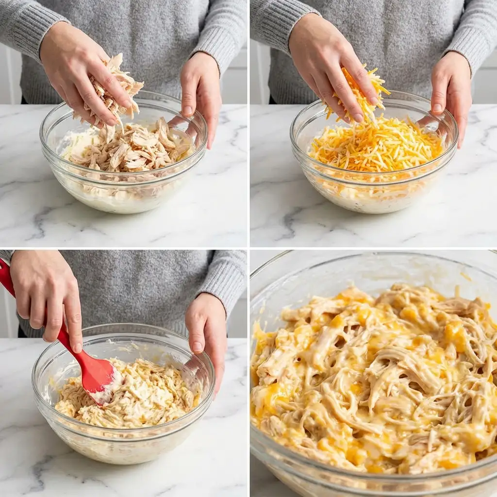Step-by-step grid showing hands mixing shredded chicken and cheese filling for Cream Cheese Chicken Taquitos.