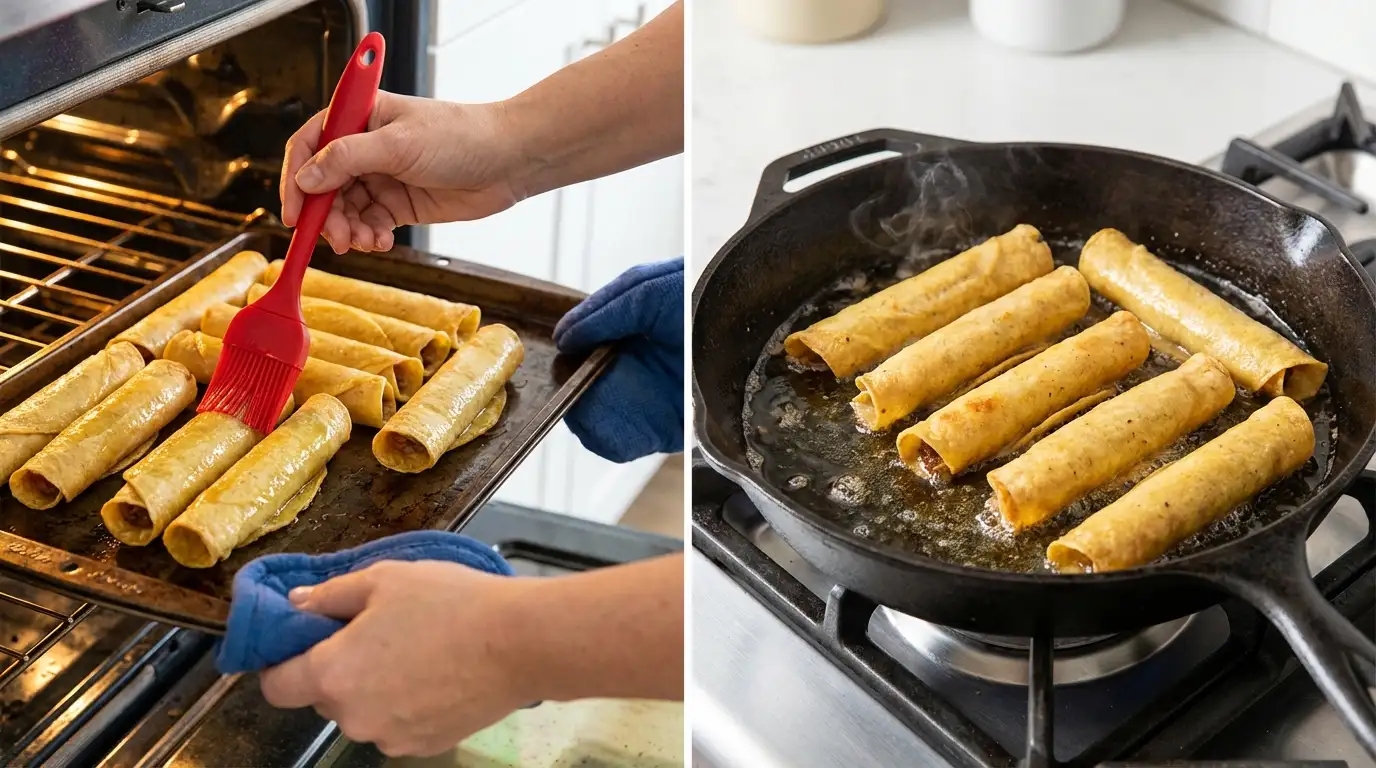 Cream Cheese Chicken Taquitos cooking two ways: brushed with oil for the oven and pan-frying in a skillet.