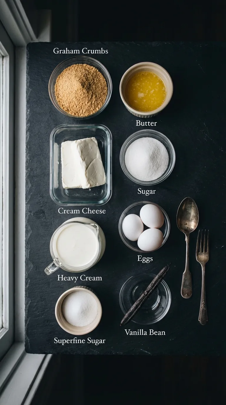 Flat-lay of Creme Brulee Cheesecake Recipe ingredients in vintage bowls on a dark slate countertop.