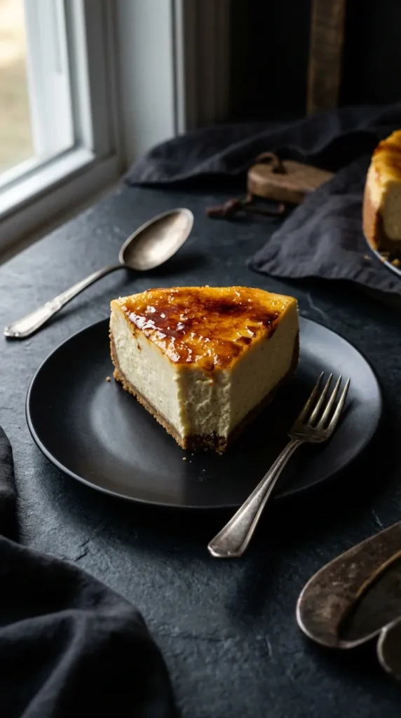Decadent Creme Brulee Cheesecake Recipe with a shiny caramelized sugar crust and creamy vanilla filling on a dark plate.