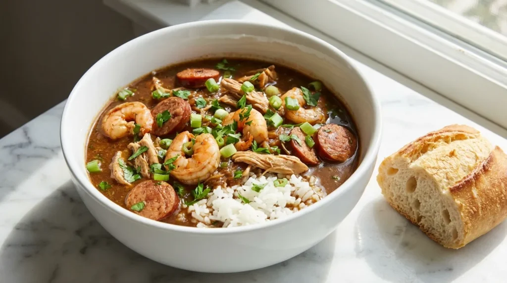 Crockpot Gumbo Recipe in a white bowl featuring shrimp, andouille sausage, chicken, and rice on a marble counter.