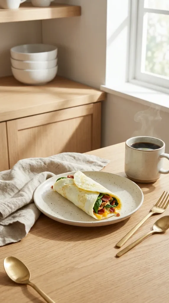 Egg White Wrap Recipe with spinach, bacon, and cheddar cheese, served on a modern plate with black coffee.