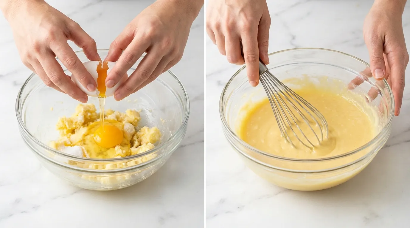 Hands cracking an egg and whisking batter for the Expresso Brownie Cupcakes with Coffee Buttercream Recipe.