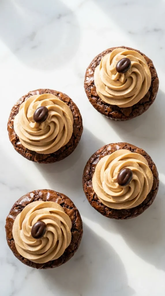 Expresso Brownie Cupcakes with Coffee Buttercream Recipe topped with an espresso bean on white marble.