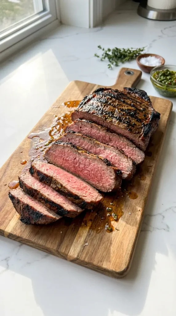 Perfectly sliced Grilled Marinated London Broil recipe on a wooden cutting board showing a pink medium-rare center.
