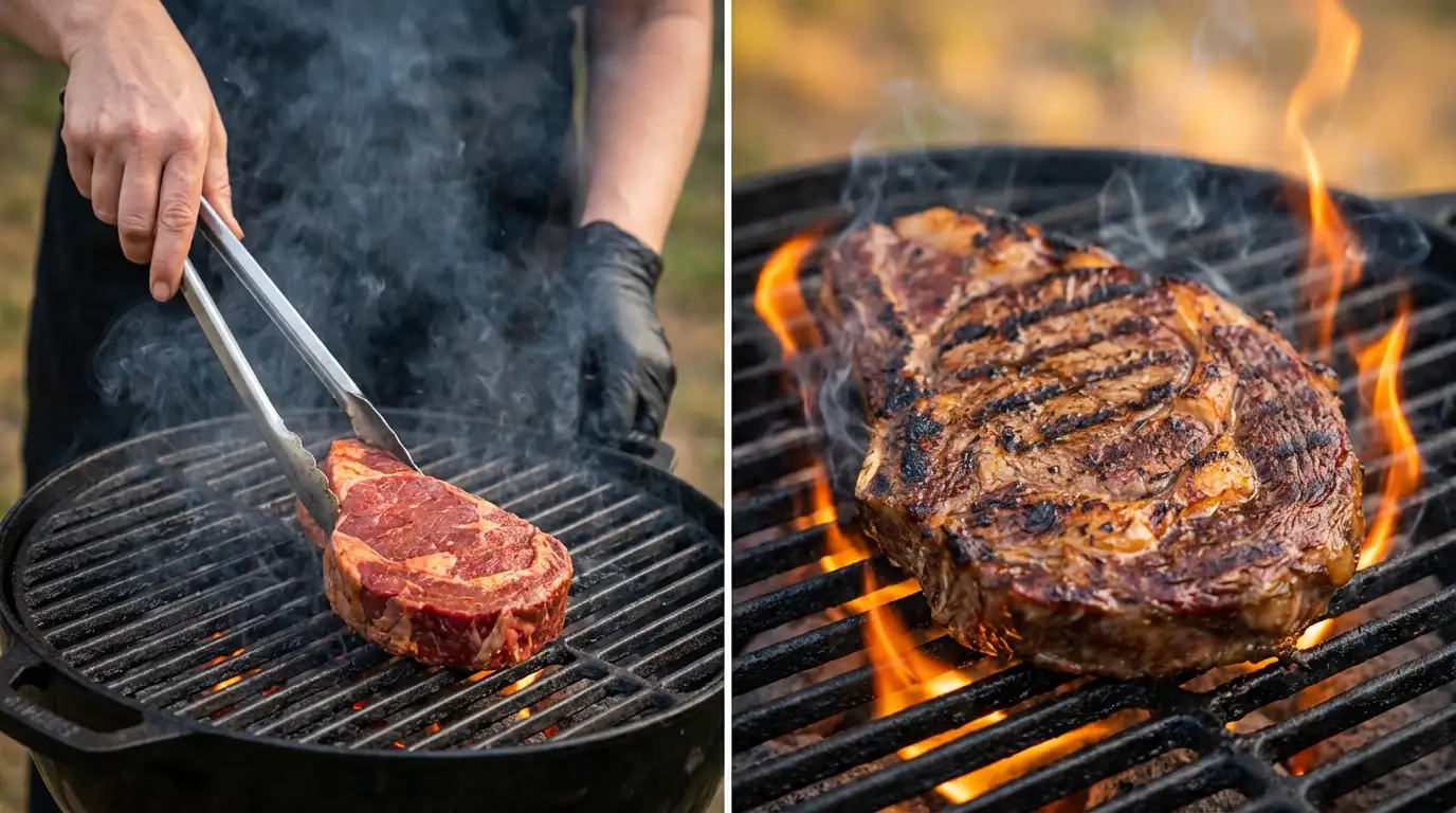 Step-by-step Grilled Marinated London Broil Recipe: placing raw steak on a hot grill and cooking over flames.