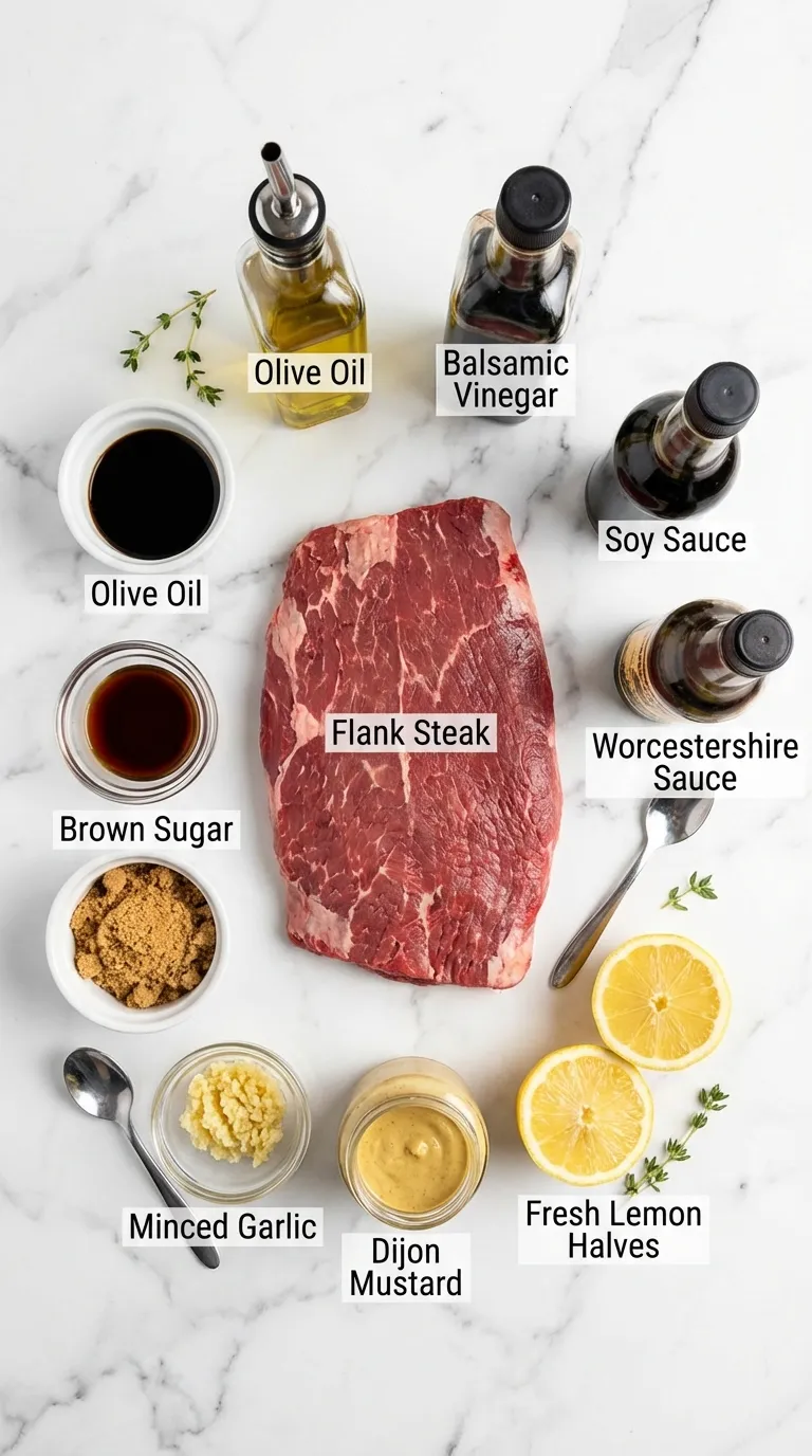 Flat-lay of Grilled Marinated London Broil Recipe ingredients neatly arranged with labels on a white marble countertop.