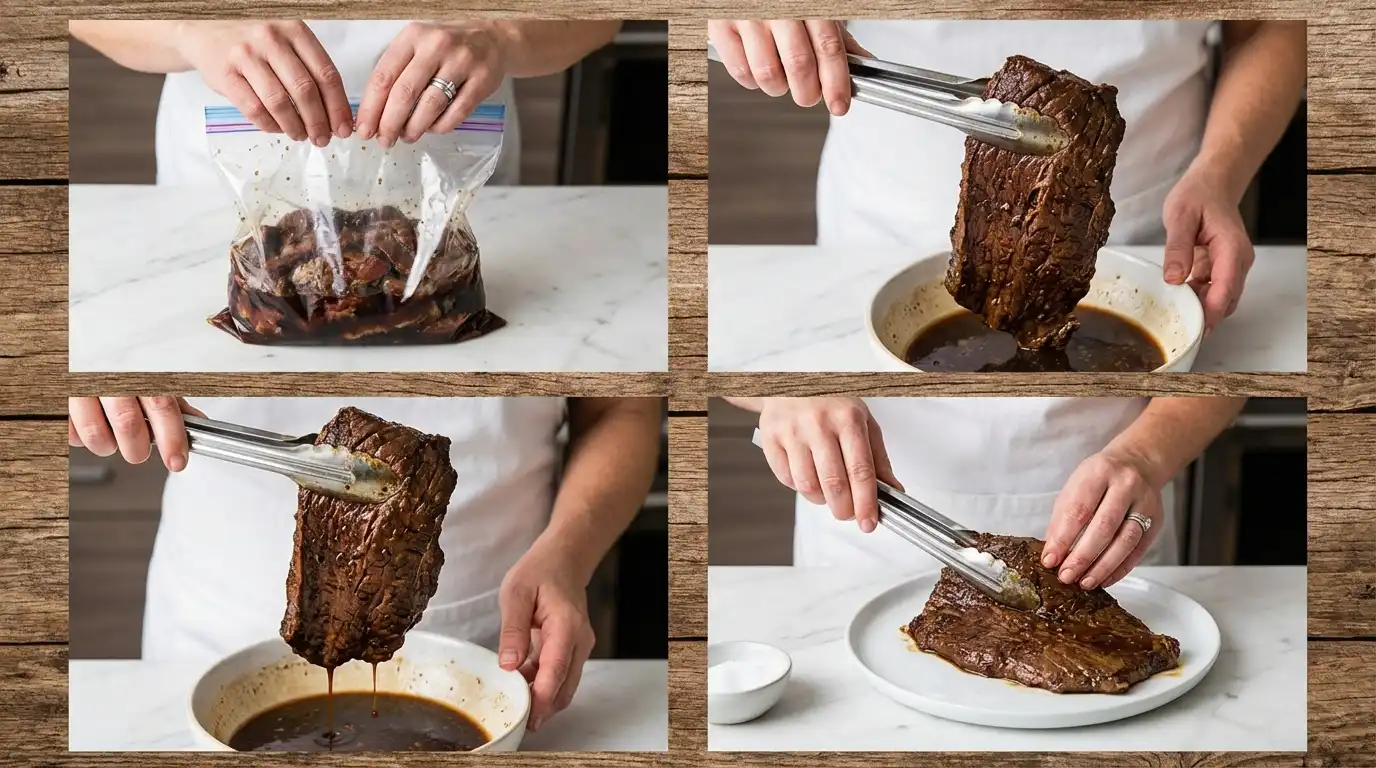 Step-by-step prep for a Grilled Marinated London Broil Recipe: hands removing marinated beef from a bag onto a plate.