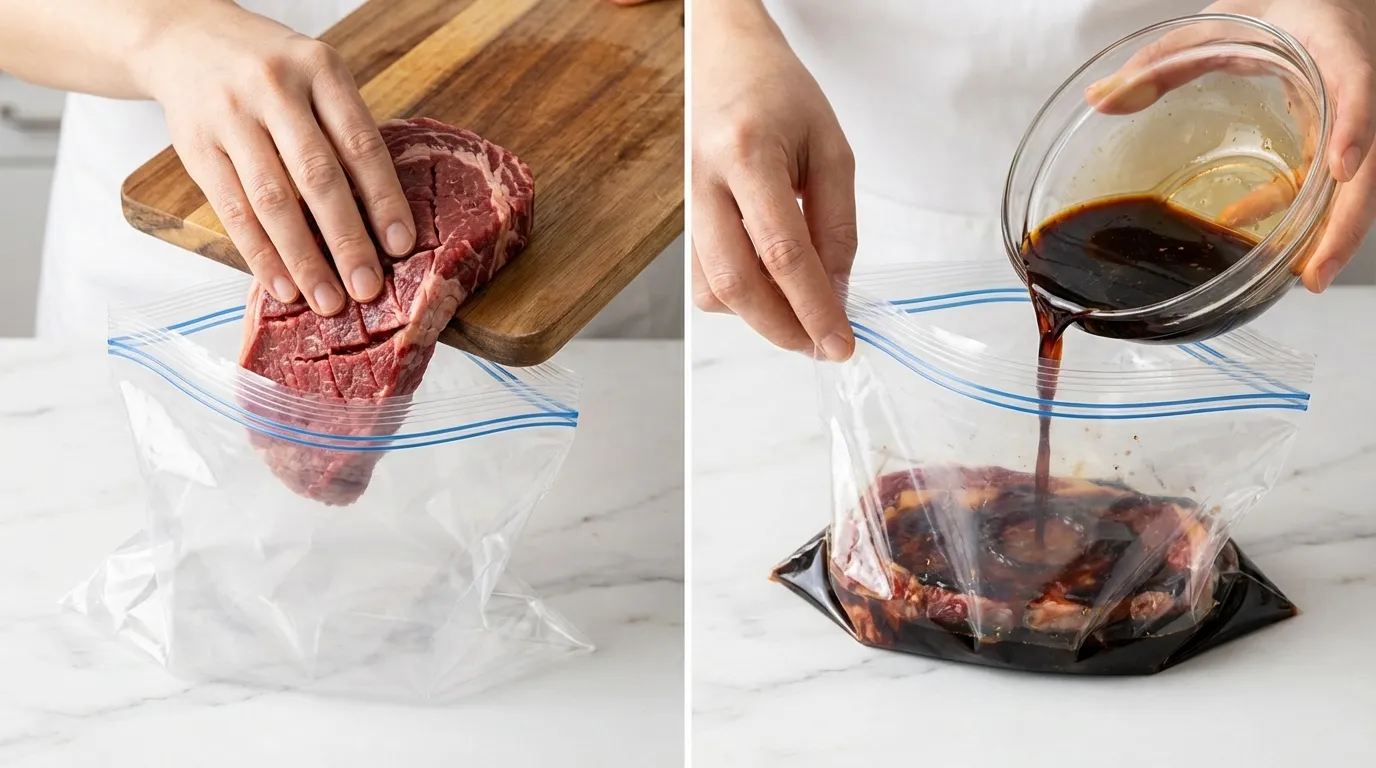 Grilled Marinated London Broil Recipe steps: placing raw steak into a bag and pouring in the dark liquid marinade.
