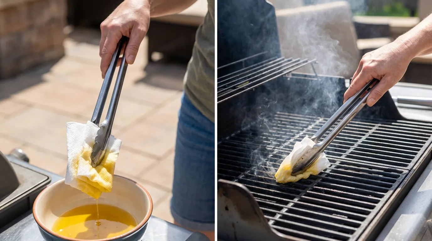 Oiling hot grill grates with tongs and paper towels to prep for a Grilled Marinated London Broil Recipe.