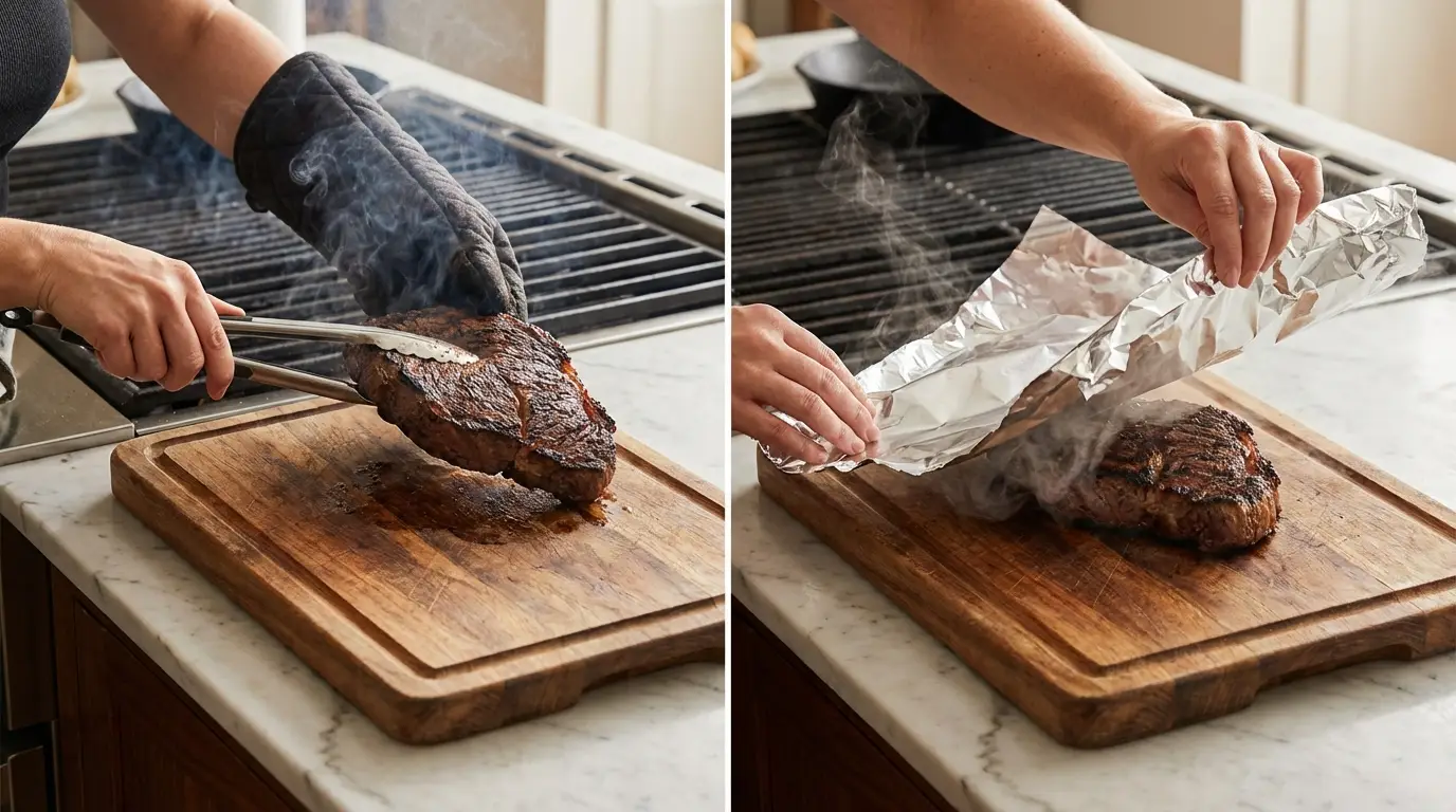 Grilled Marinated London Broil Recipe: transferring charred steak to a cutting board and tenting it with foil.