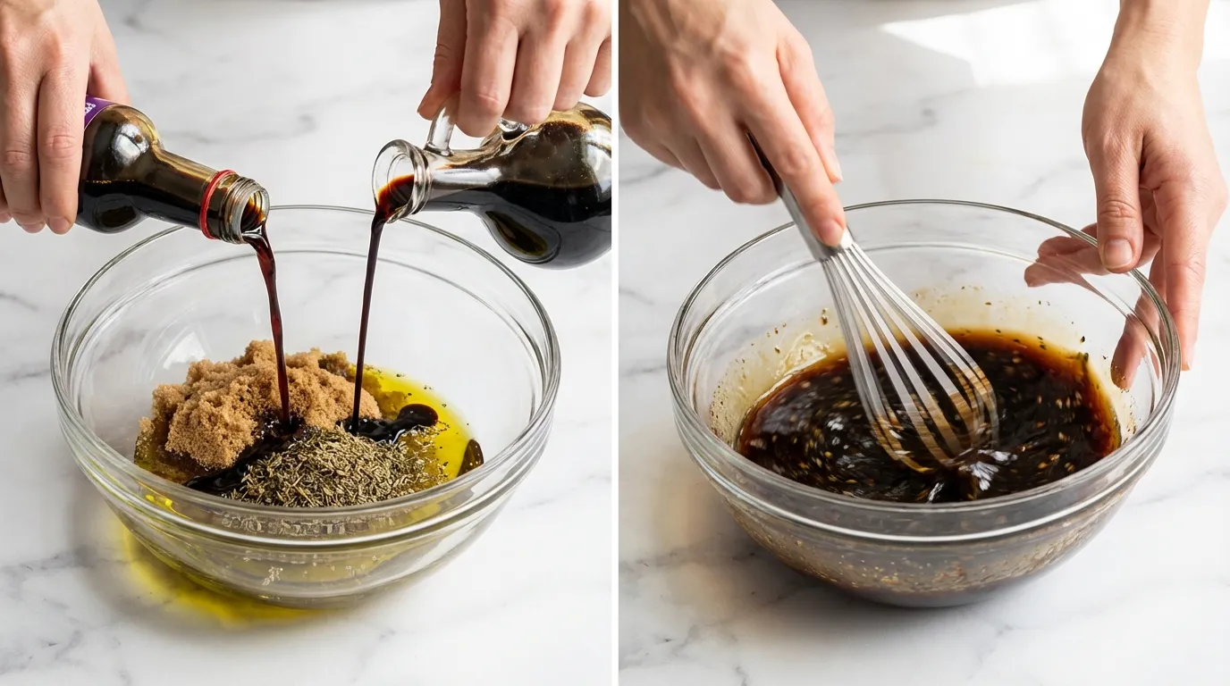 Hands pouring and whisking marinade for a Grilled Marinated London Broil Recipe in a glass bowl.