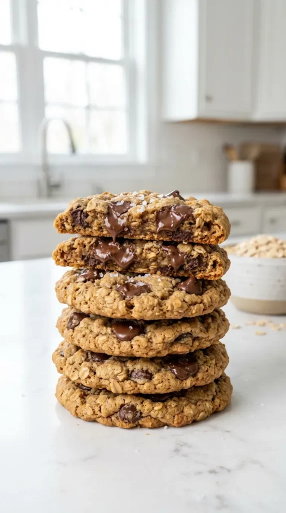 Stack of thick cookies with melted chocolate and sea salt on a marble counter for an Oatmeal Chocolate Chip Cookie Recipe.