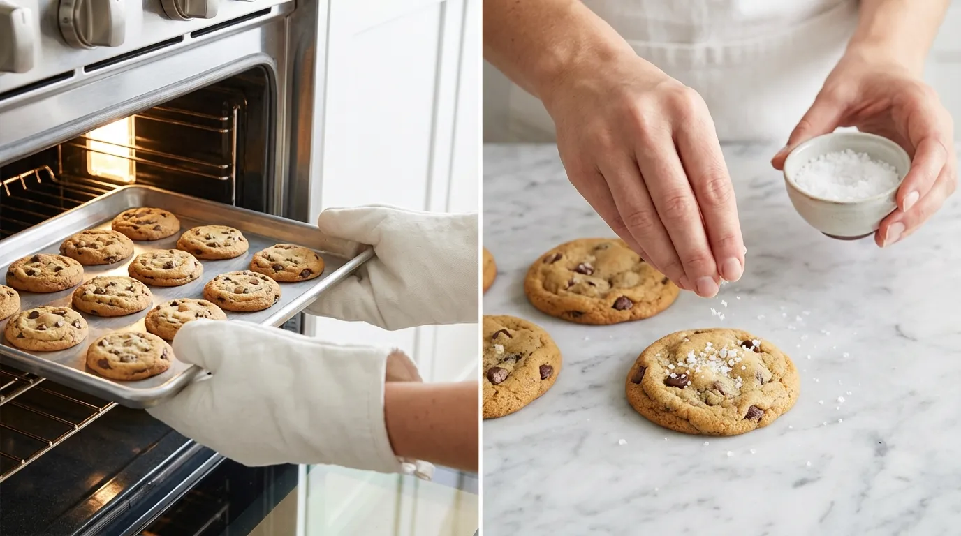 Oatmeal Chocolate Chip Cookie Recipe: pulling baked cookies from the oven and sprinkling sea salt on a marble counter.