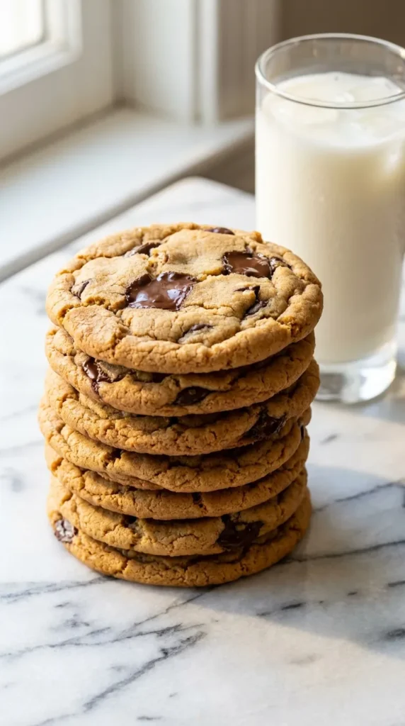Peanut Butter Chocolate Chip Cookies Recipe: Thick, chewy cookies stacked on a marble counter by a glass of milk.