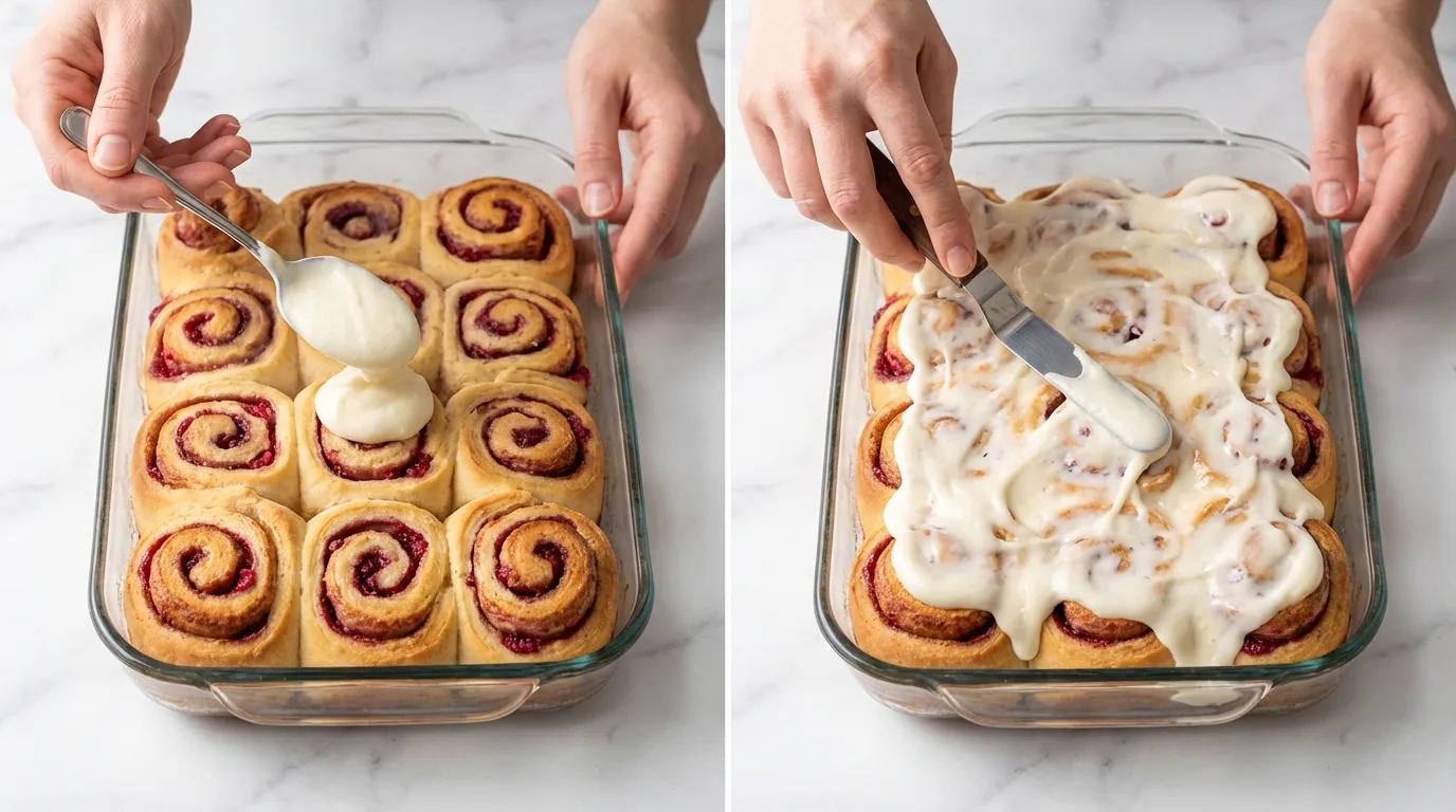 Hands spreading cream cheese frosting onto warm berry swirls for a Rasberry Cinnamon Rolls Recipe.