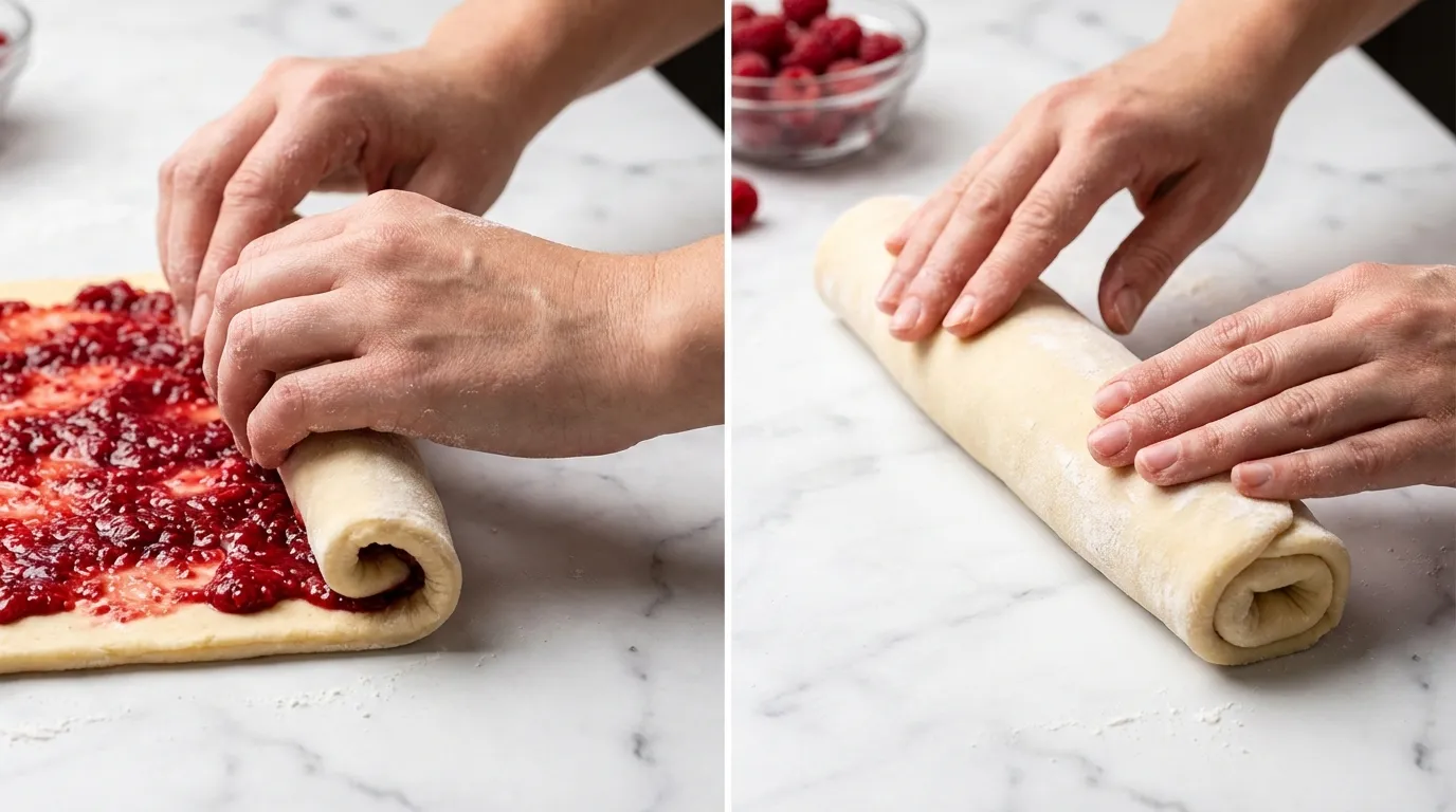 Hands rolling filled dough into a log on a marble counter for a Raspberry Cinnamon Rolls Recipe.