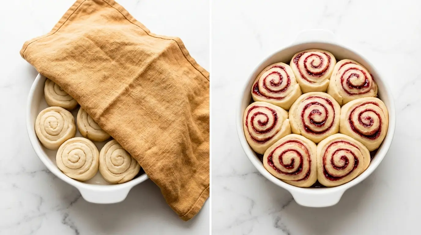 Raspberry cinnamon rolls recipe showing raw dough in a baking dish before and after rising on a white marble counter.