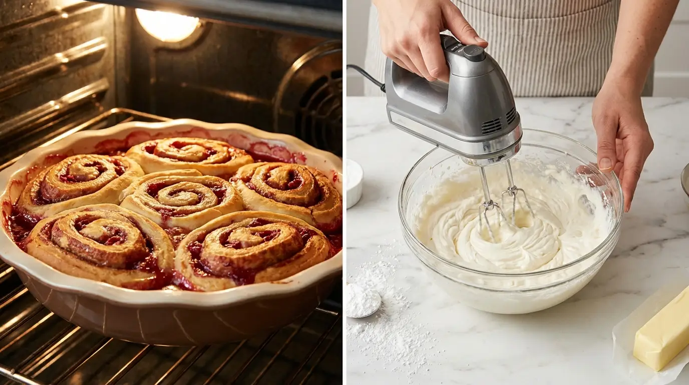 Raspberry cinnamon rolls recipe baking in an oven next to hands mixing a cream cheese glaze.