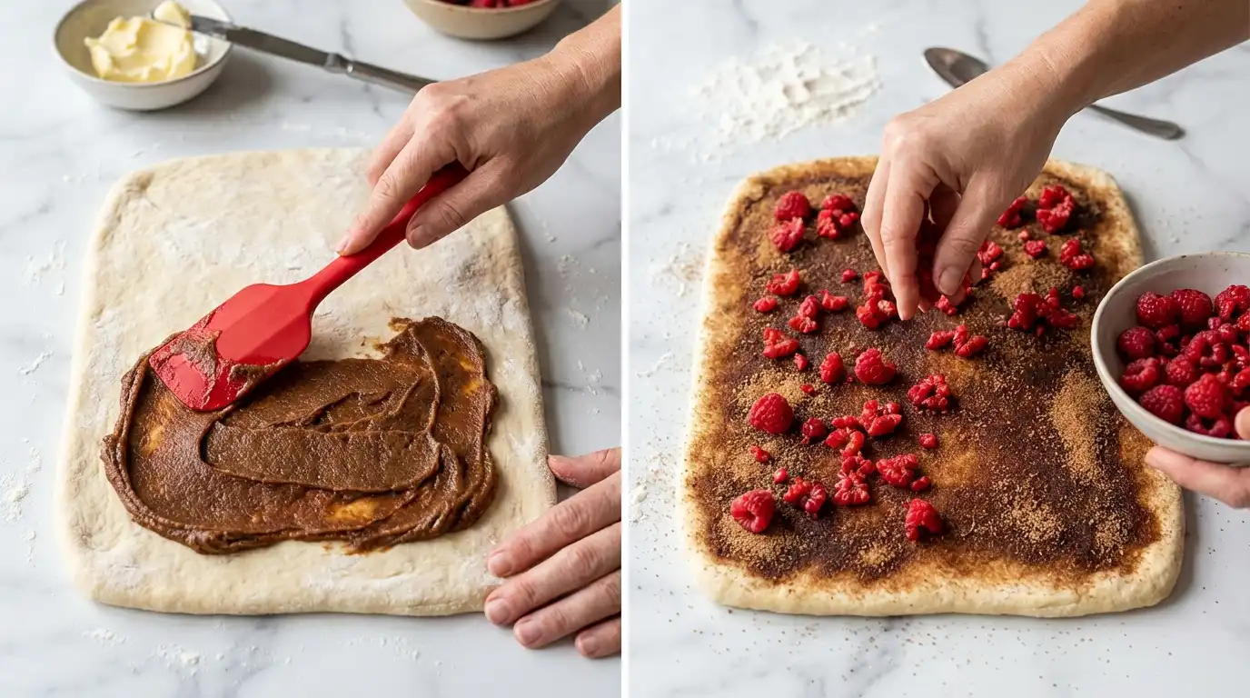 Making a Raspberry Cinnamon Rolls Recipe: spreading cinnamon butter and adding fresh raspberries to the dough.