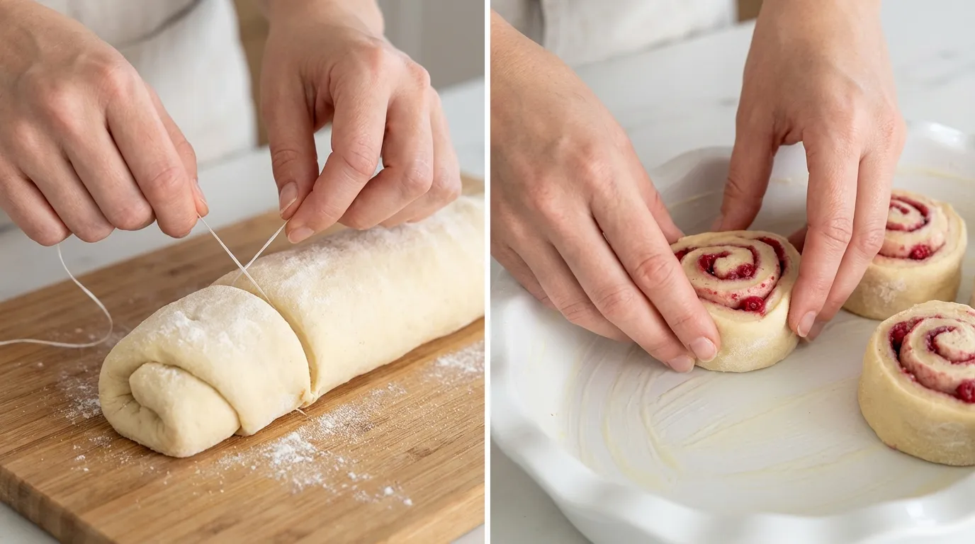Raspberry cinnamon rolls recipe: hands cutting dough with floss and placing raw swirled rolls in a white baking dish.