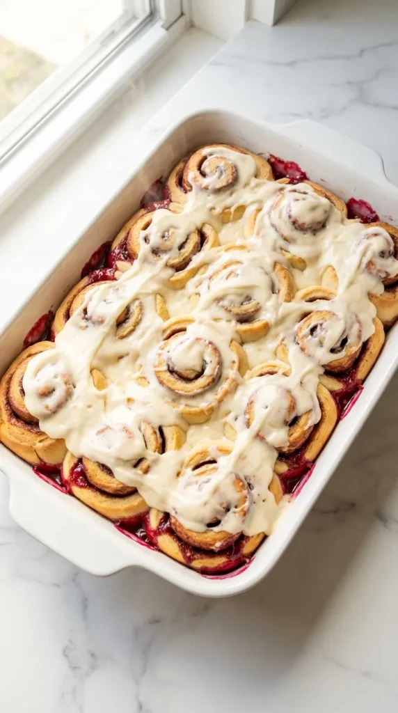 Fresh Raspberry Cinnamon Rolls Recipe in a baking dish smothered in cream cheese frosting on a marble counter.