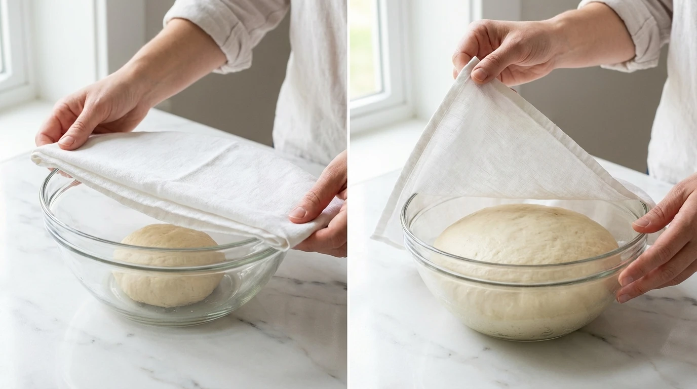 Dough rising in a glass bowl on a white marble surface for a delicious raspberry cinnamon rolls recipe.