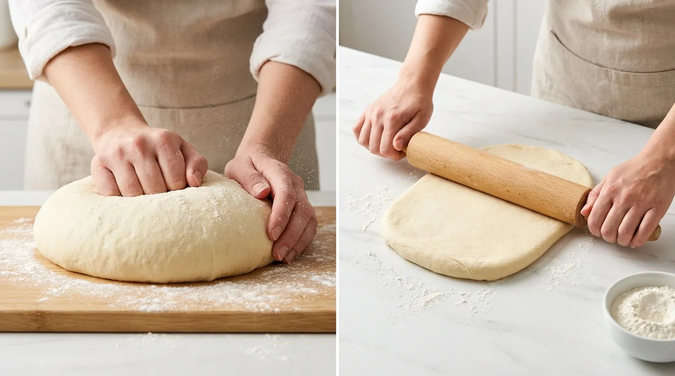 Side-by-side of hands punching down and rolling out dough for a Rasberry Cinnamon Rolls Recipe.