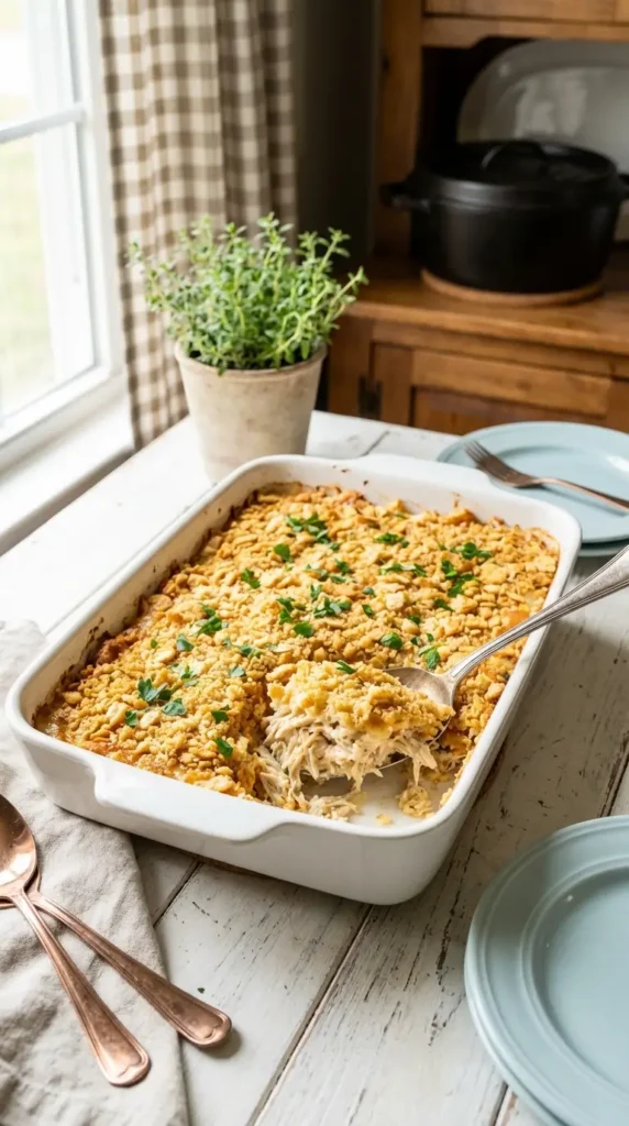 Scoop of Ritz Cracker Chicken Casserole Recipe showing crispy cracker topping and creamy chicken filling in a white dish.